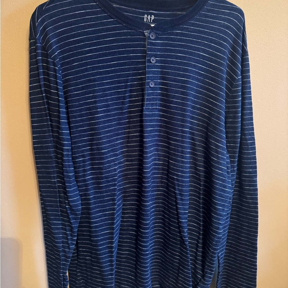 GAP Men's Navy Striped Long Sleeve Henley